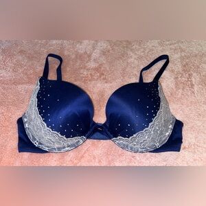 NWOT Navy Blue and Silver VS Plunge Bra with Rhinestones